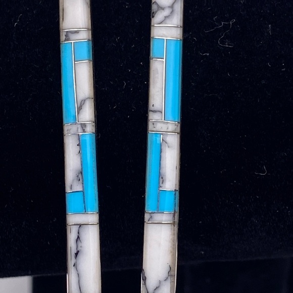 Sterling Silver Earrings Turquoise Inlaid 2” Length Fish Hook Back New - Picture 2 of 8